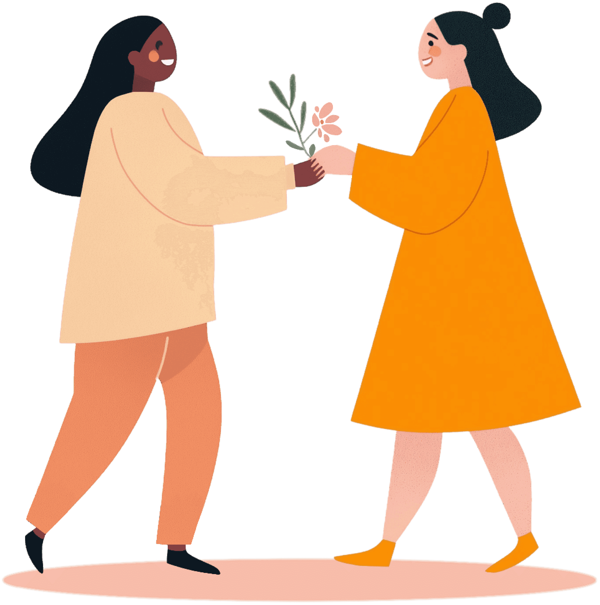 Two women sharing a plant illustration