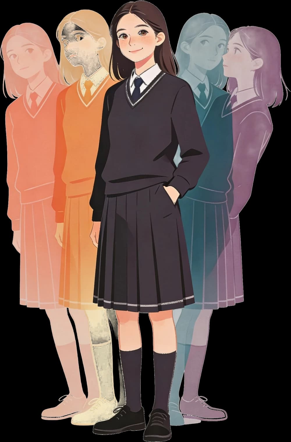 A secondary school student standing in front of four faint, differently coloured versions of herself