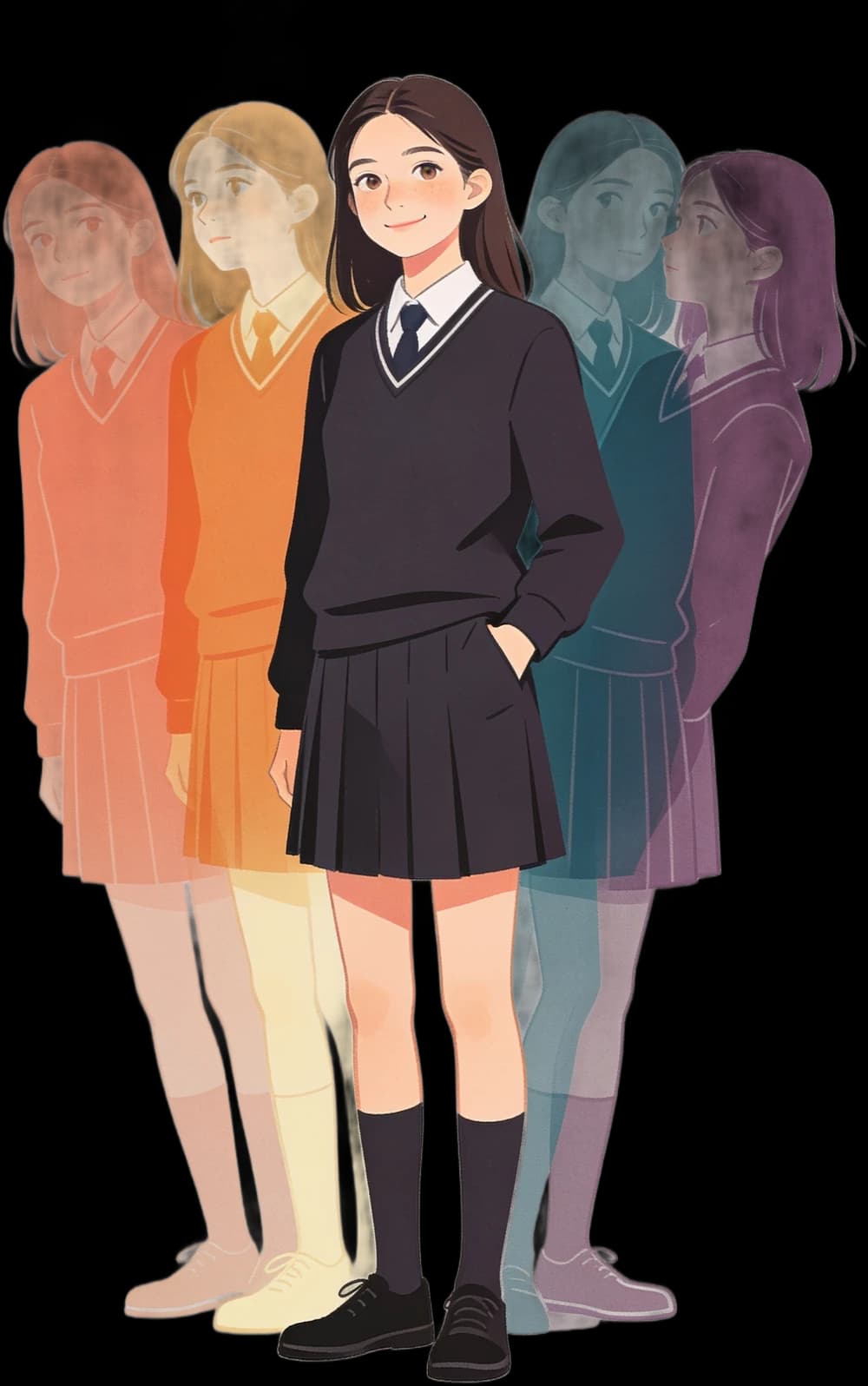 A secondary school student standing in front of four faint, differently coloured versions of herself