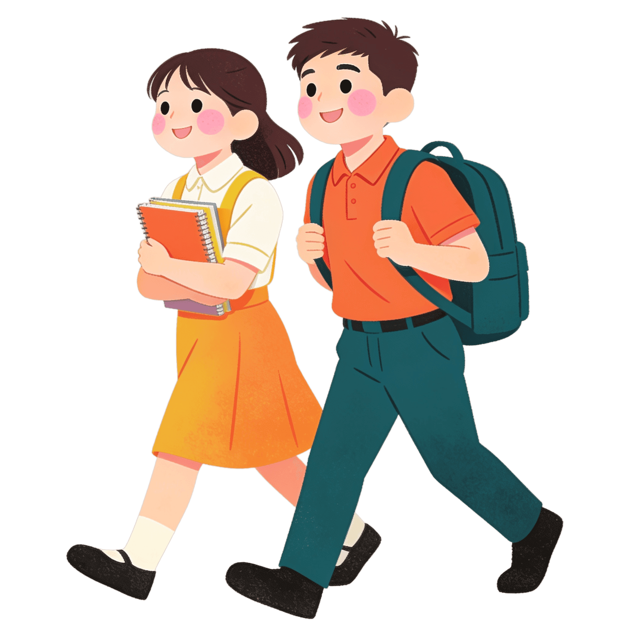 Two students walking forward together with a backpack and books illustration