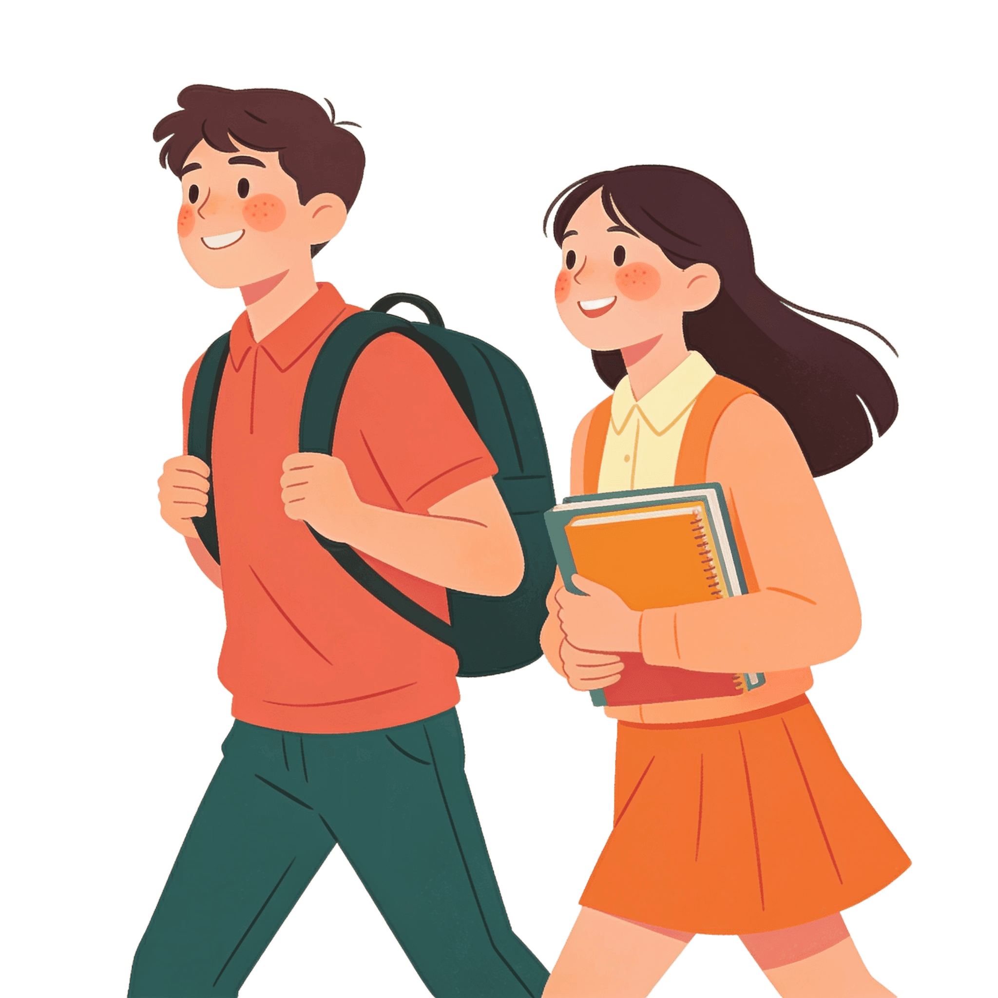 Two students walking forward together with a backpack and books illustration
