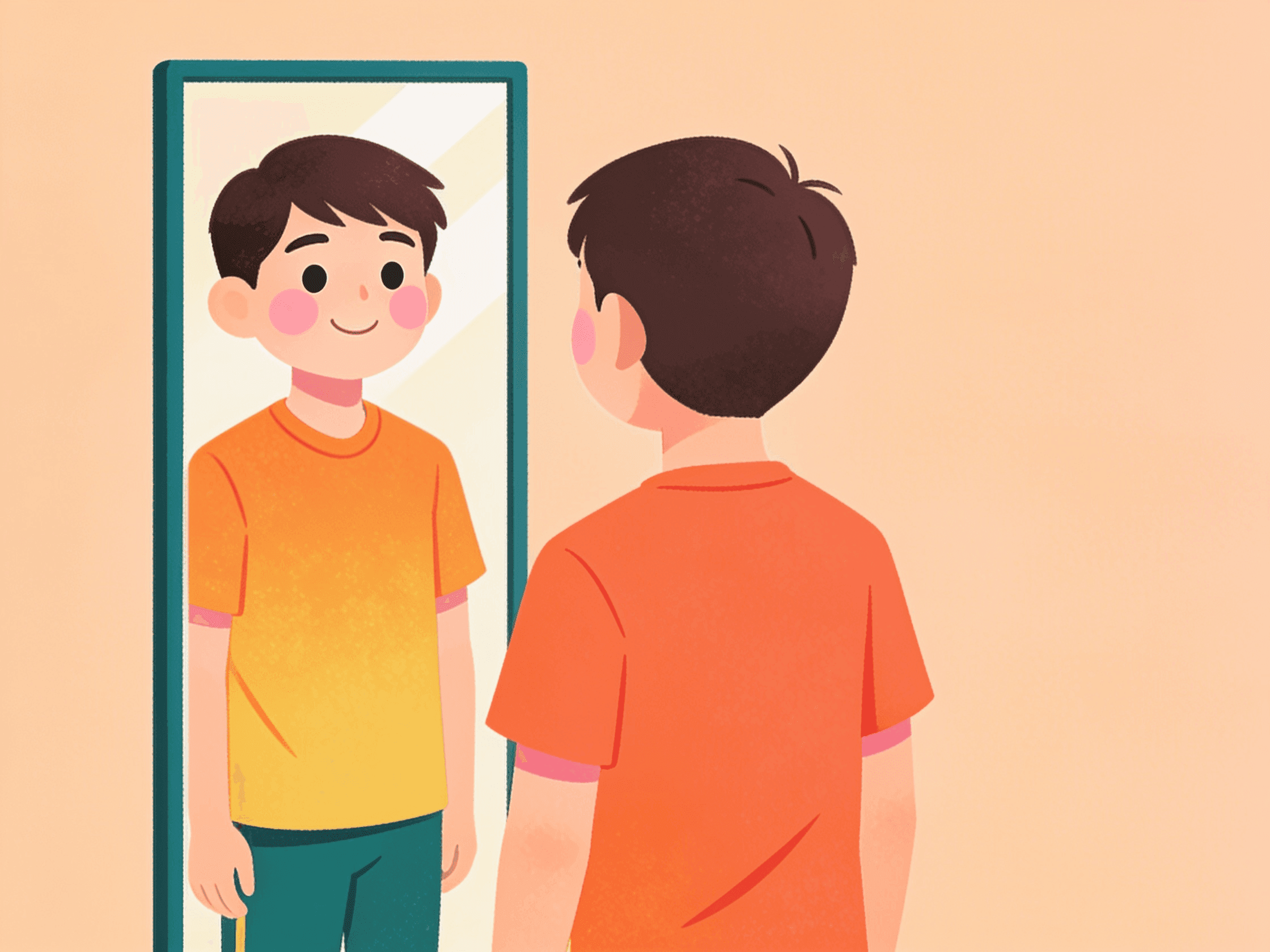 A student seeing a confident reflection of himself in a mirror illustration