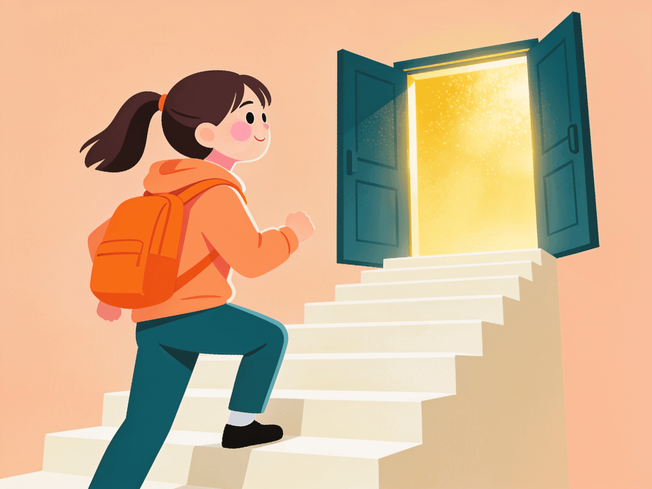 A student climbing steps toward a bright open door illustration