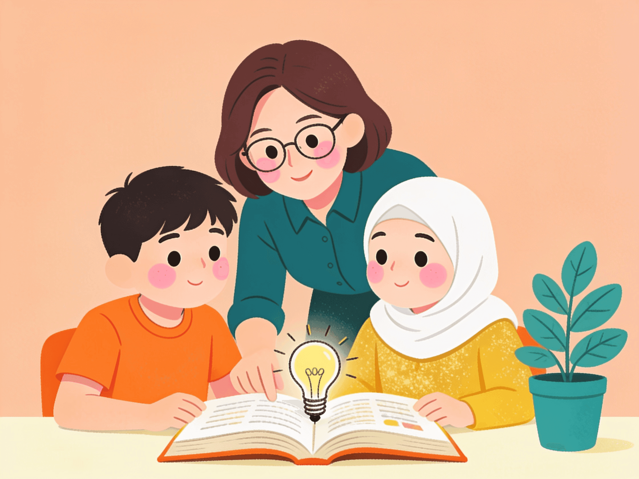 A mentor sharing a book of ideas with two curious students illustration