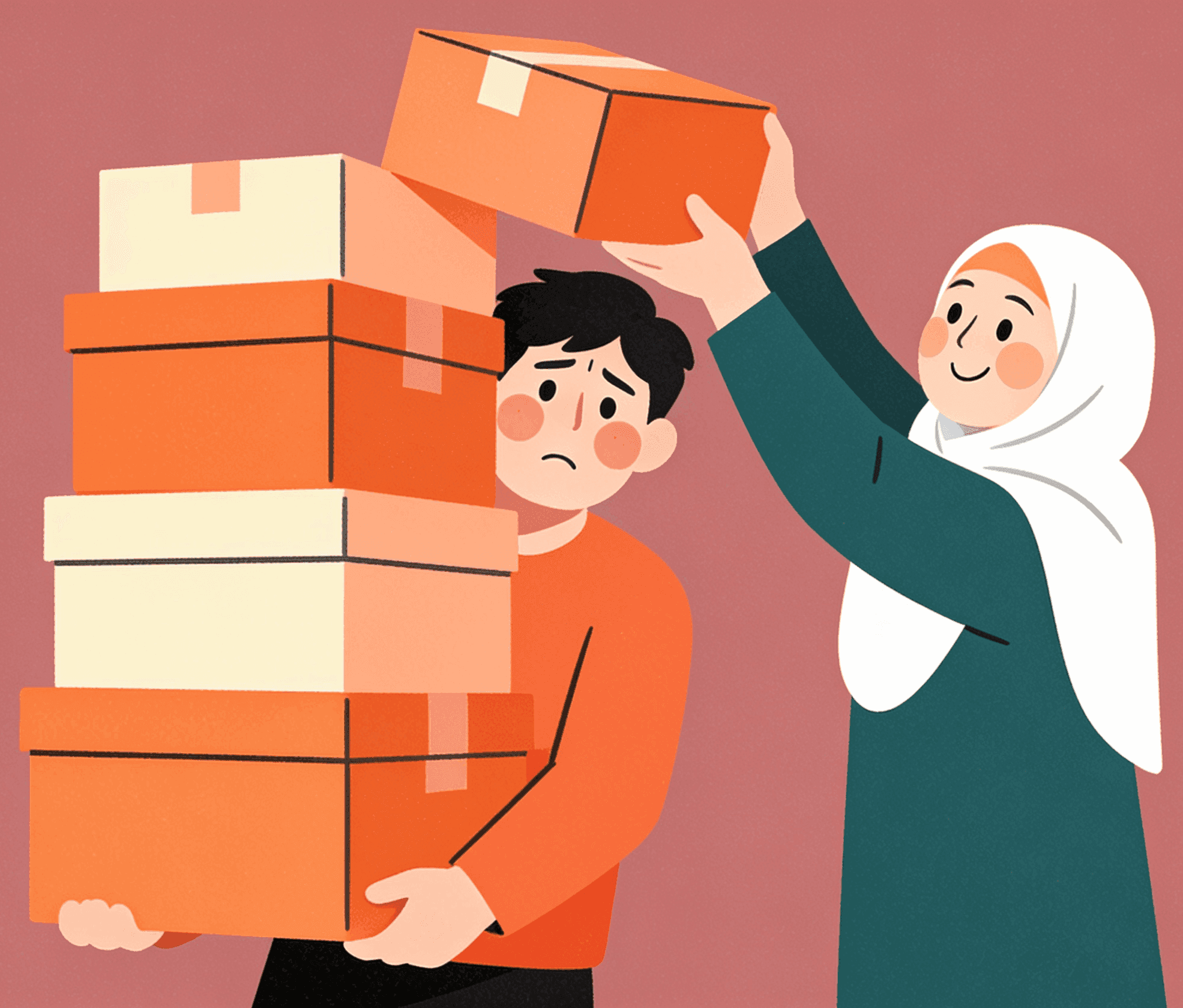 A woman helping lighten the load of an overwhelmed man carrying boxes illustration