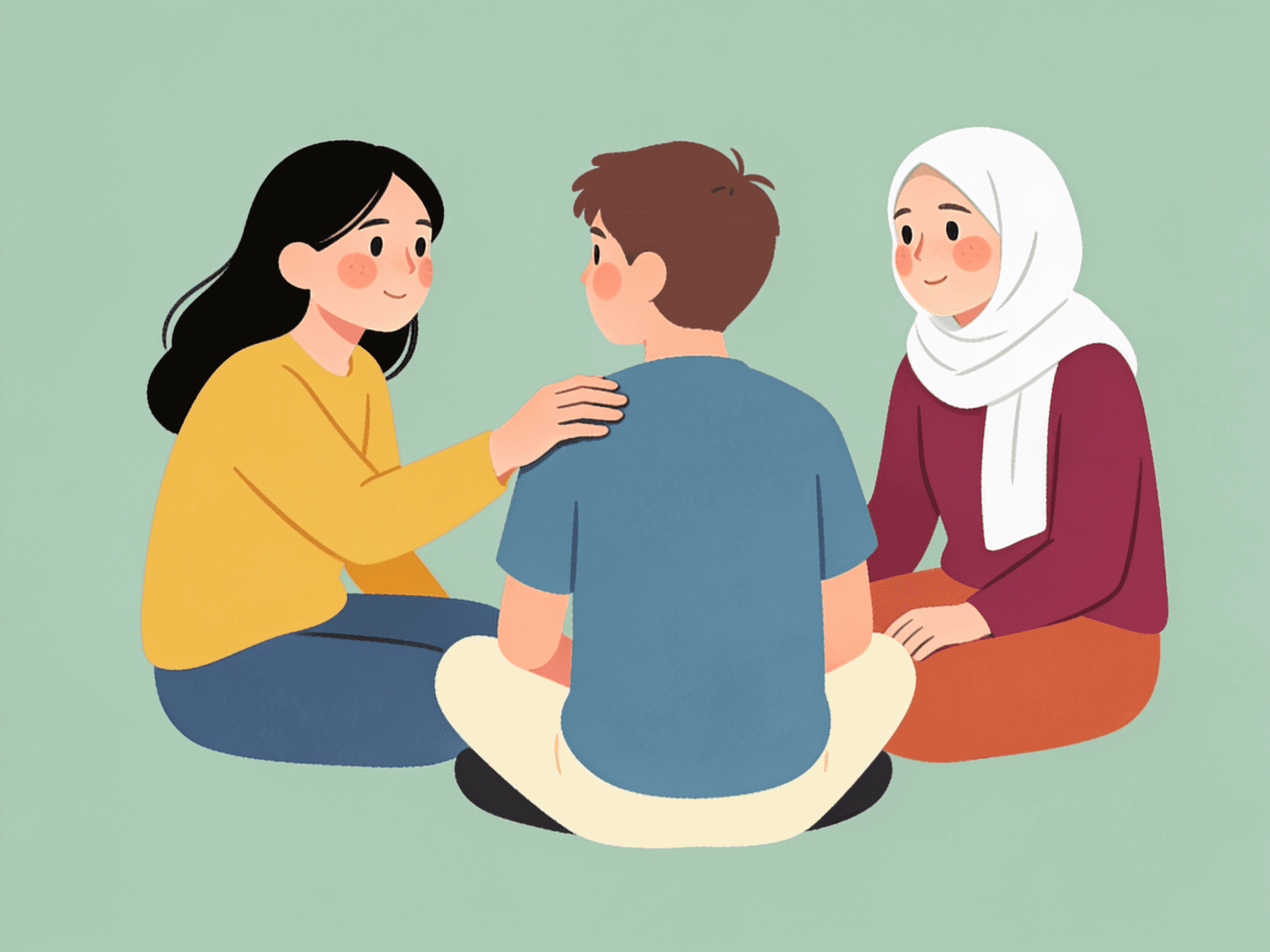 Young people sitting in a circle, one supporting another with a hand on the shoulder illustration