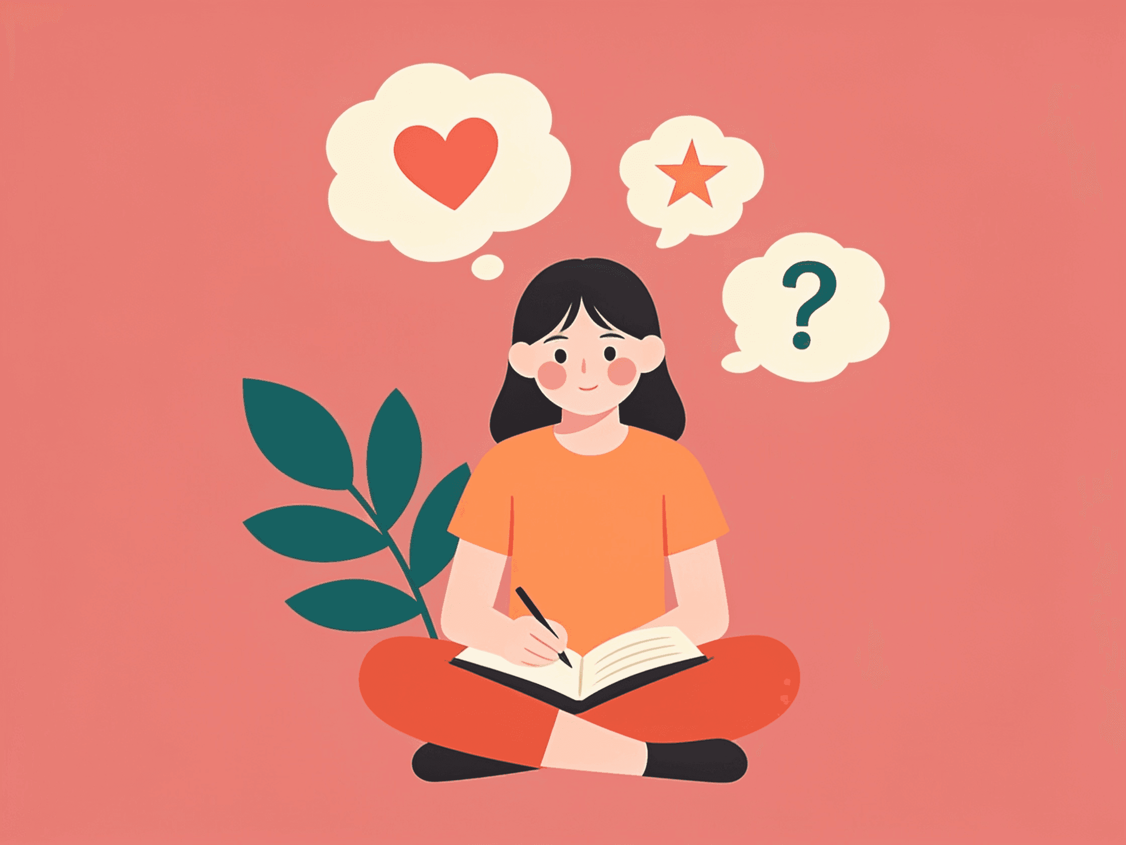 A young person journaling and reflecting on their thoughts and feelings illustration